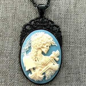 Blue and White Skeleton Lady Cameo Necklace, Handmade, NWT